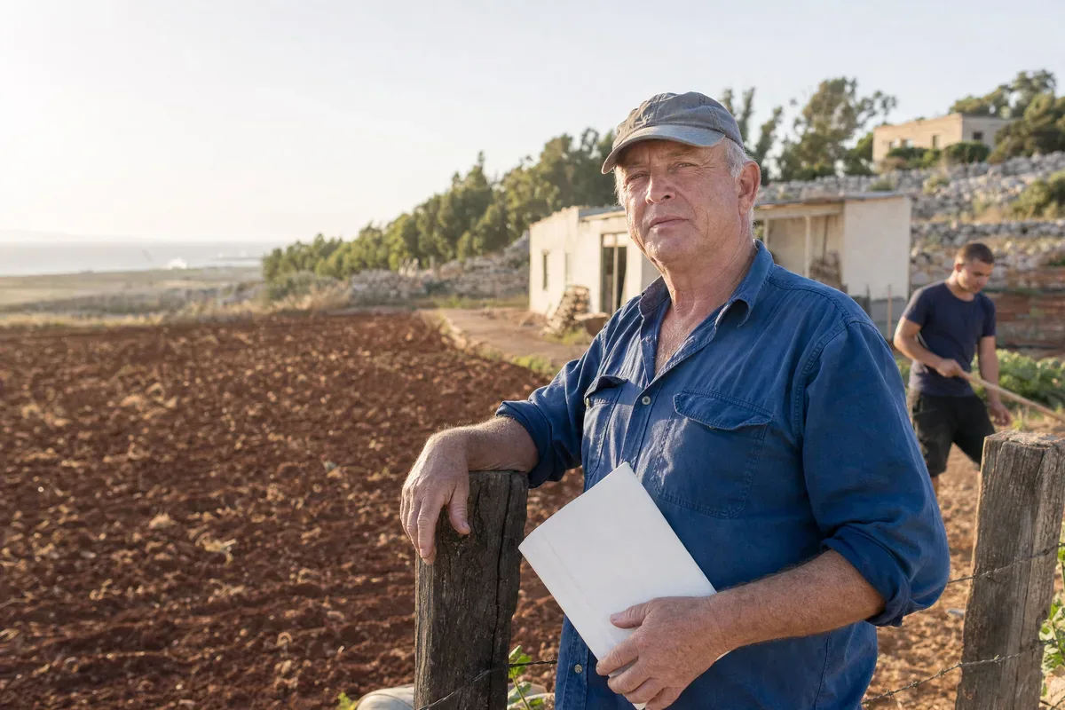 חוק ההתיישבות החקלאית והתקשרות עם יזם חוק ההתיישבות החקלאית, בעל נחלה עומד בקצה חלקתו עם מסמך החכירה בידו ומדרונות מטעים ברקע