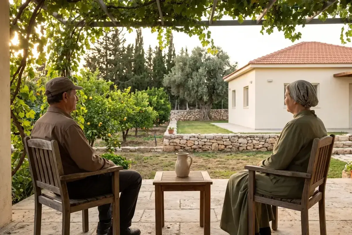 העברה ללא תמורה בחיי ההורים הורים מבוגרים במרפסת ביתם בנחלה מביטים בבית הבן, העברת הנחלה בחיי ההורים